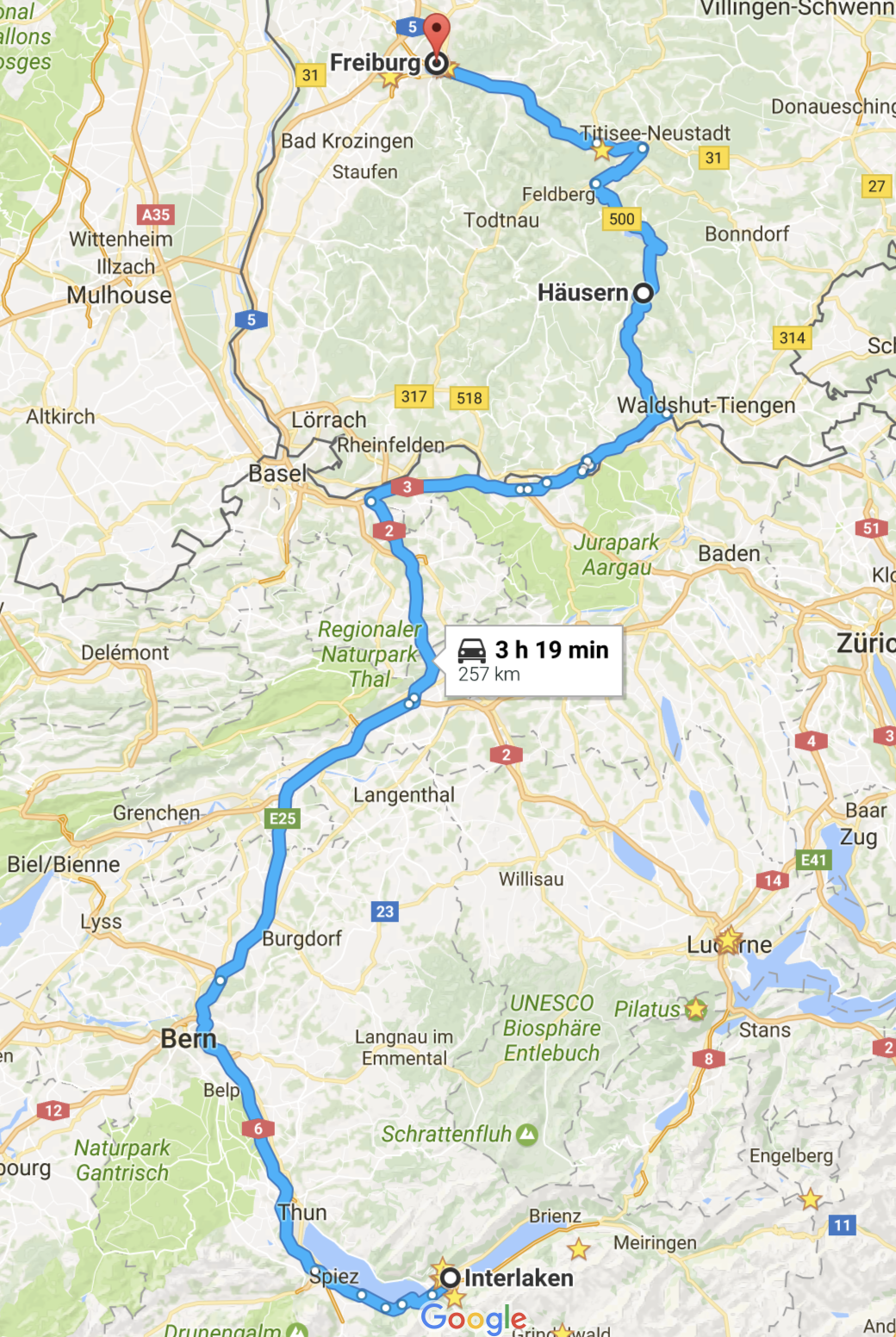 Map - Interlaken to Freiburg, Black Forest