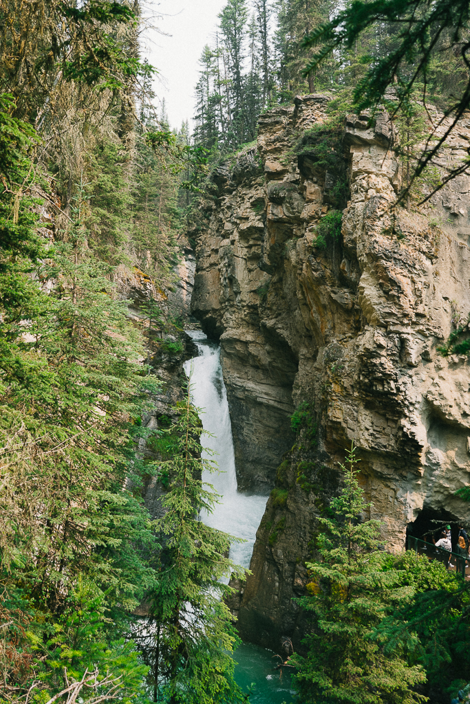 a view of the waterfalls during a hike while in a Banff Family Travel