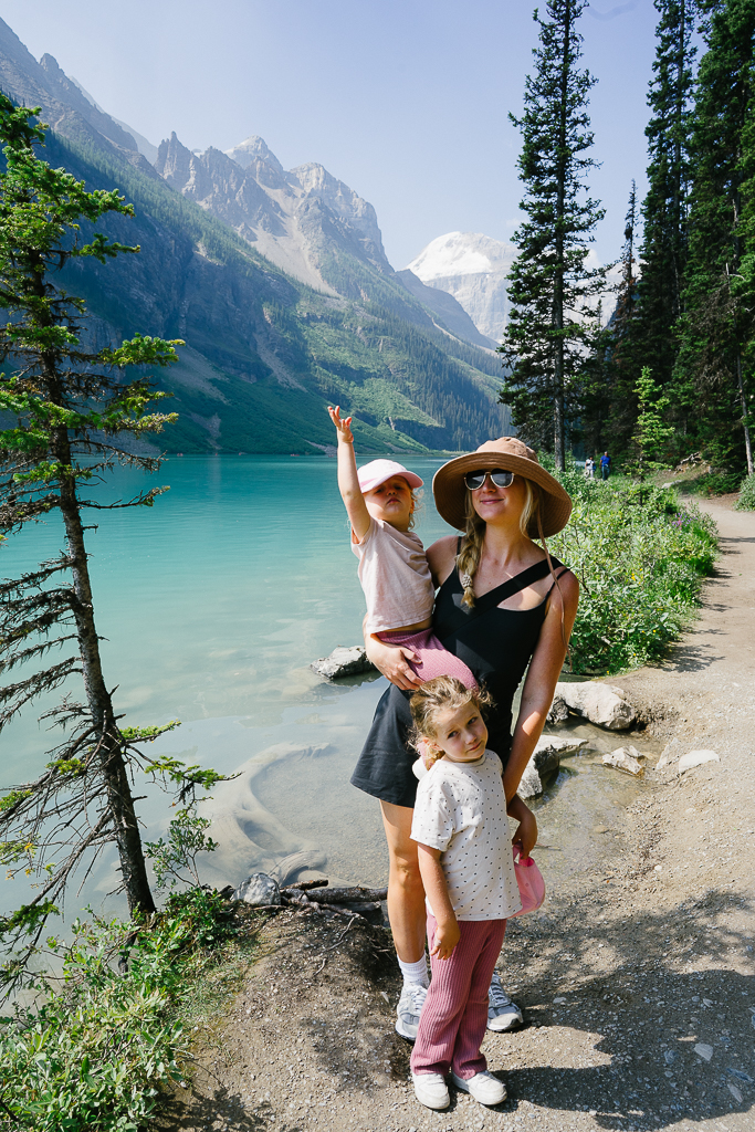 Ruth Nuss with her two kids hiking during their Banff Family Travel