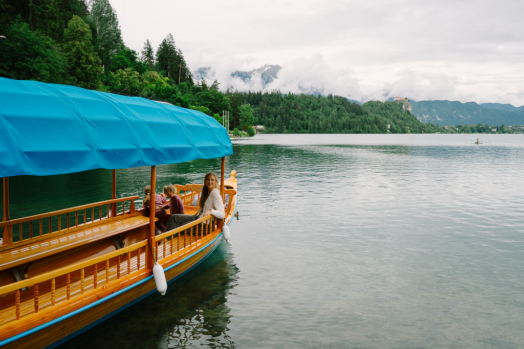 Ruth Nuss boating at Lake Bled With Kids