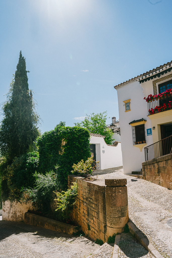 trees and an old white building in ronda spain