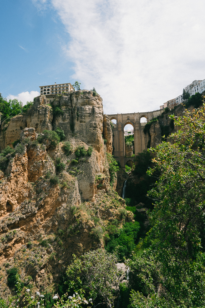 view of the puente nuevo from the bottom of gorge