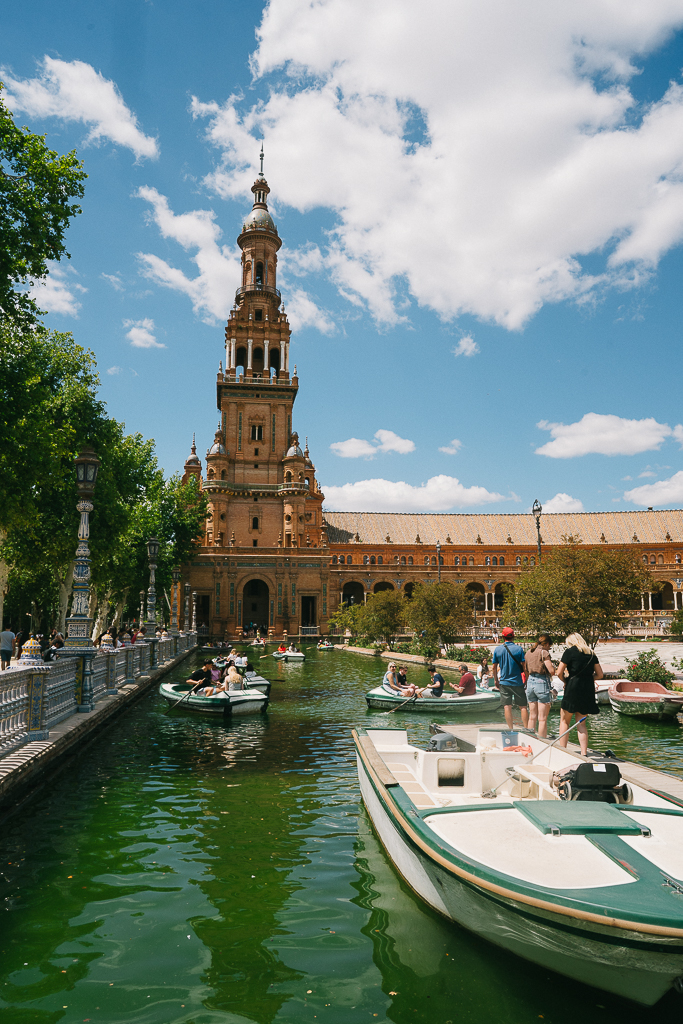 boat in plaza de espana in seville spain