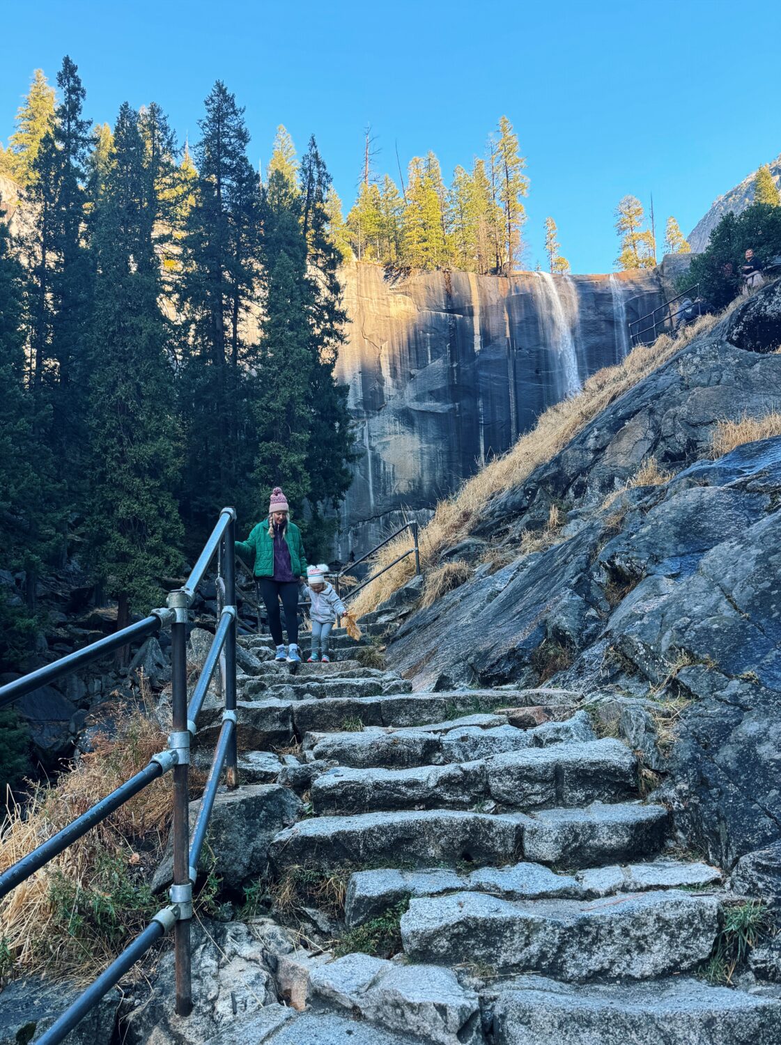 Ruth Nuss walking with her daugher on the Mist Trail in Yosemite