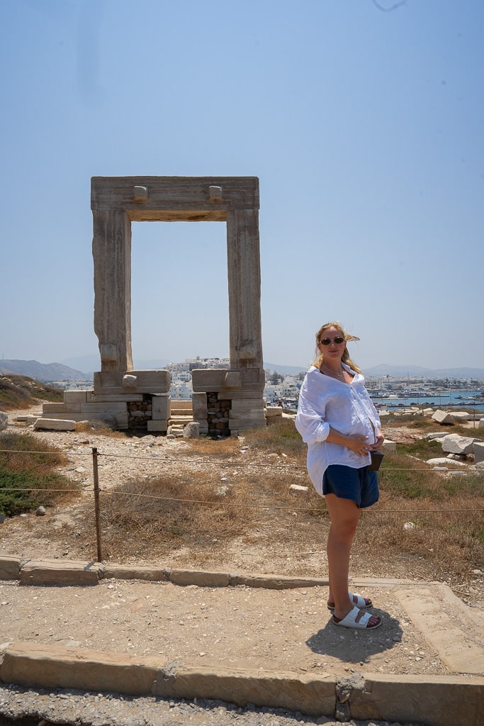 ruth nuss in front of the temple of apollo in naxos greece