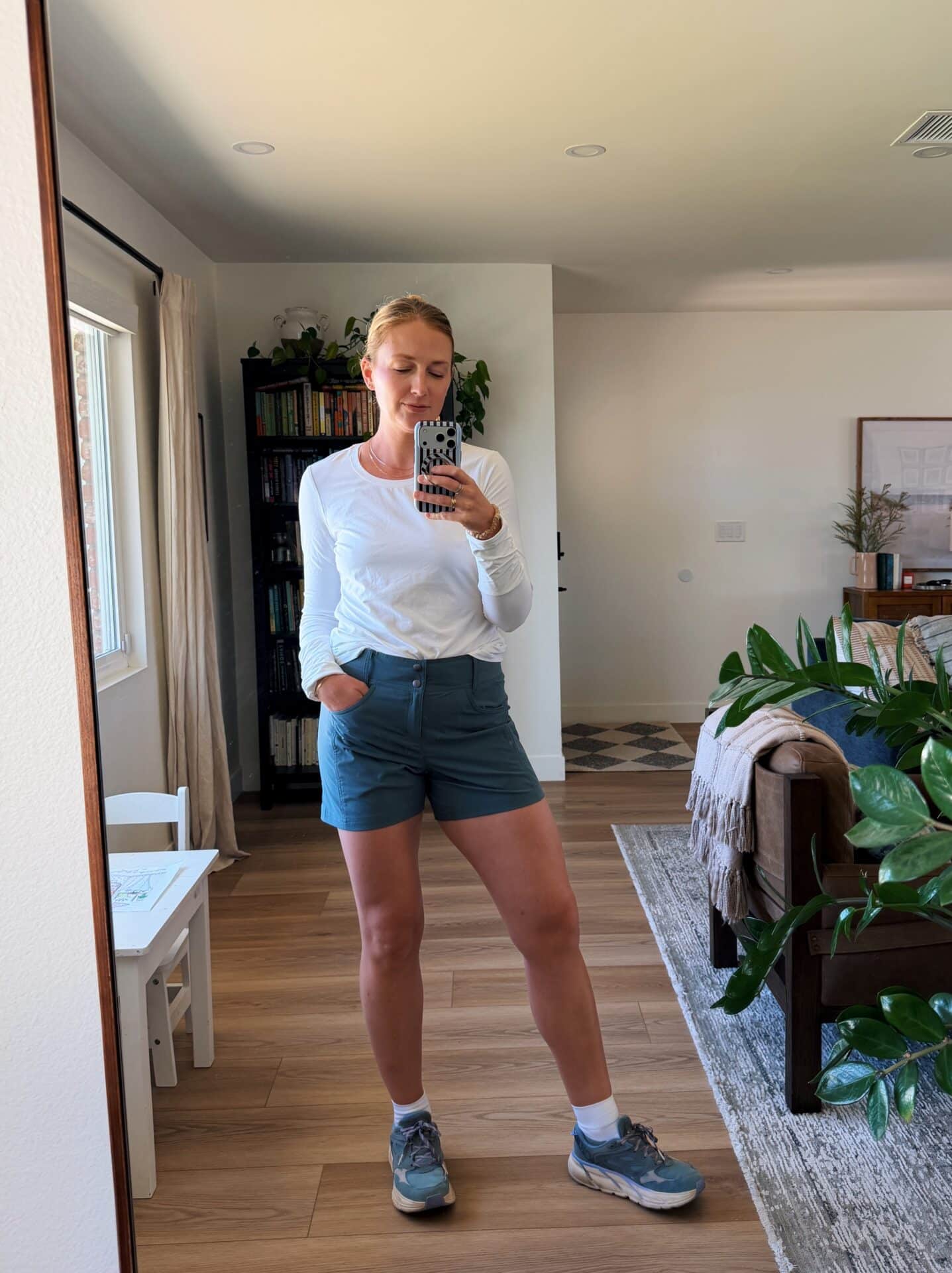 ruth nuss wearing the title nine clamber hiking shorts